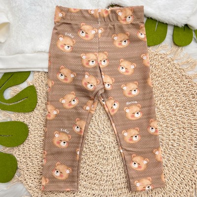 Conj. Casaco Flor Pelo Carneirinho e Calça Legging Ursinhas - Off White e Marrom